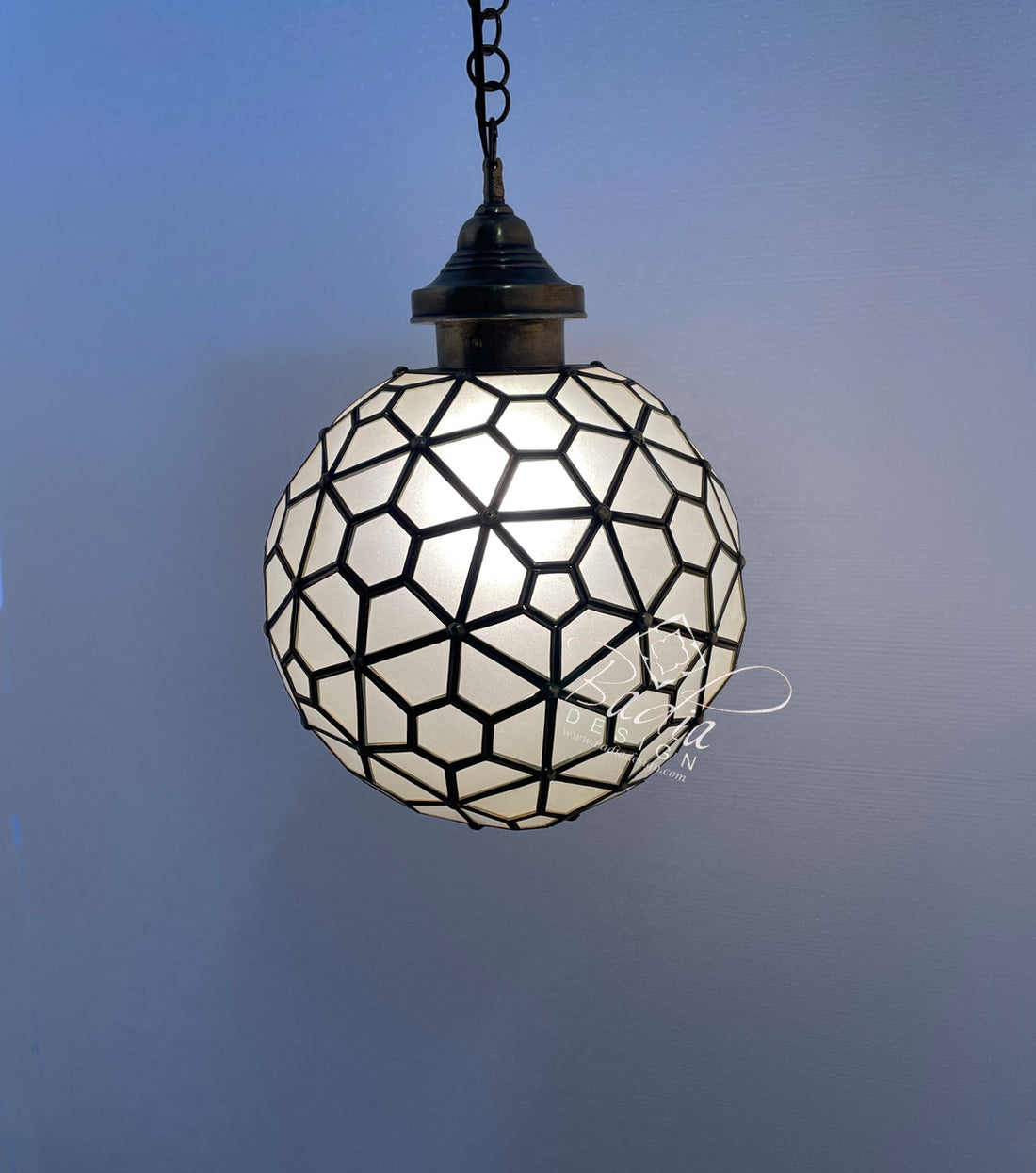 White Glass Round Hanging Brass Lantern