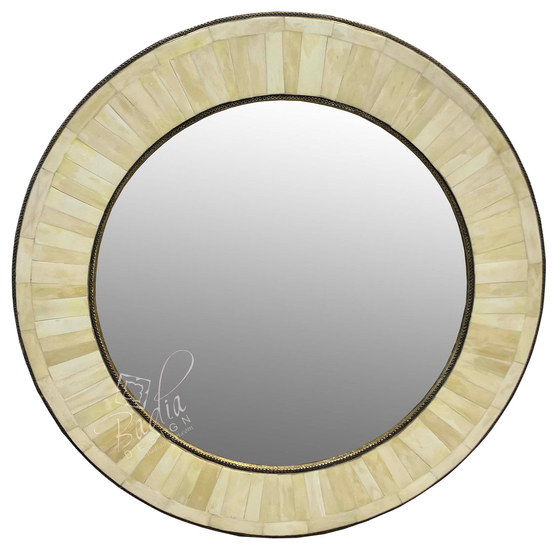 Round Metal and White Bone Inlay Mirror