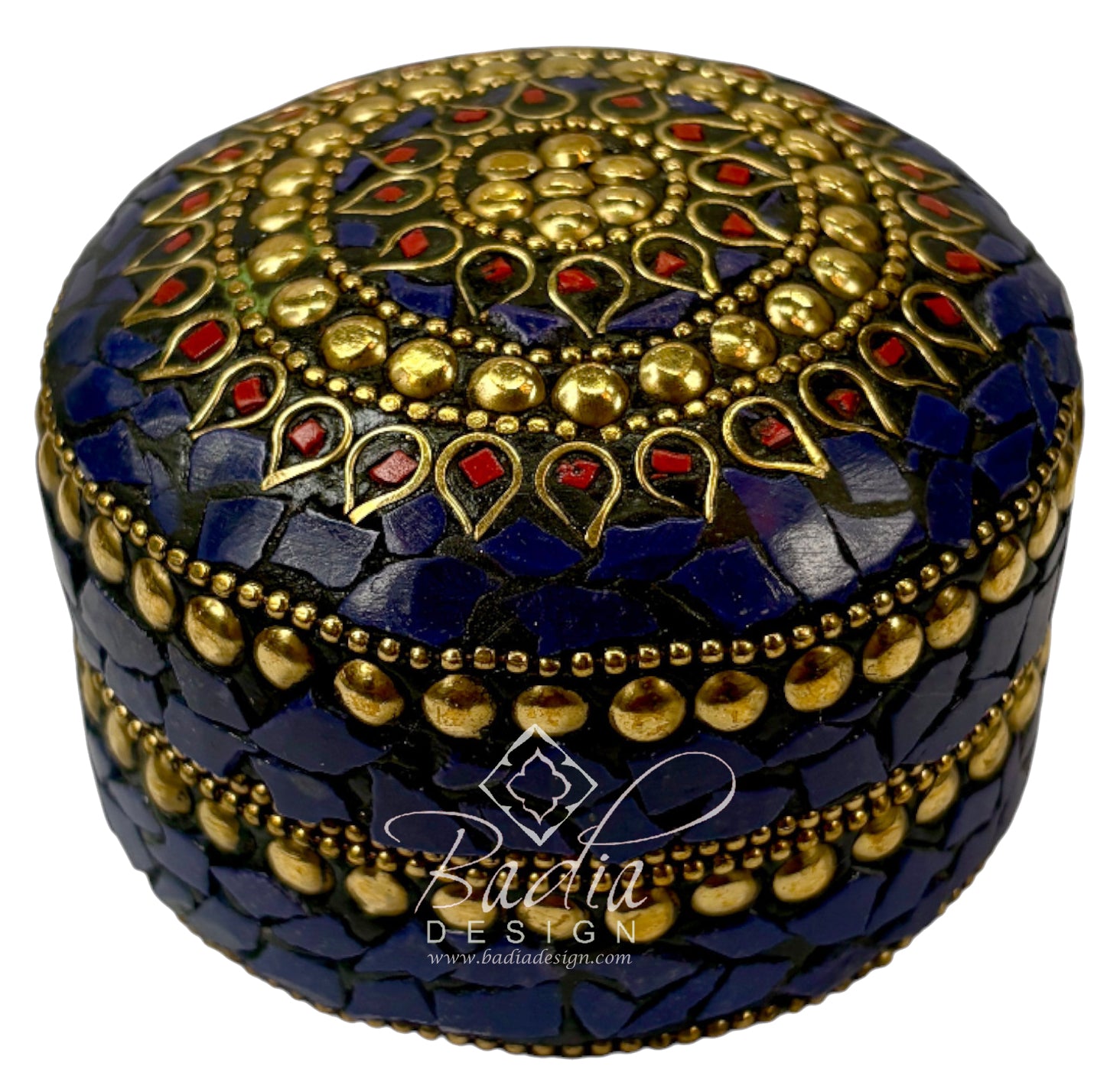 Round Moroccan Decorative Container in Deep Blue and Gold