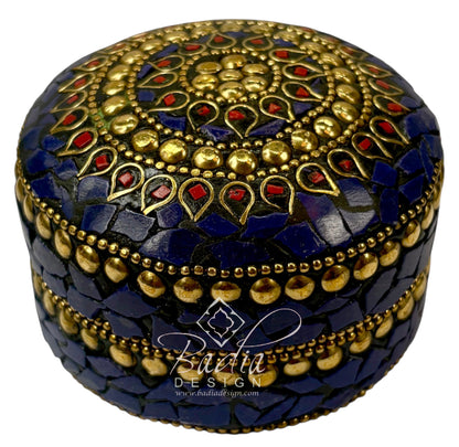 Round Moroccan Decorative Container in Deep Blue and Gold