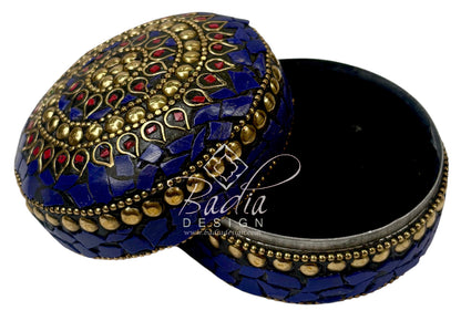 Round Decorative Container in Deep Blue and Gold