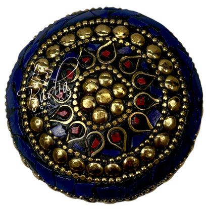 Round Decorative Container in Deep Blue and Gold