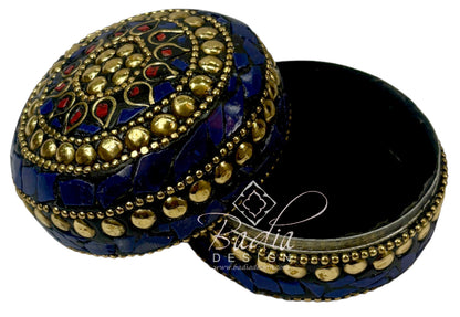 Round Decorative Container in Deep Blue and Gold