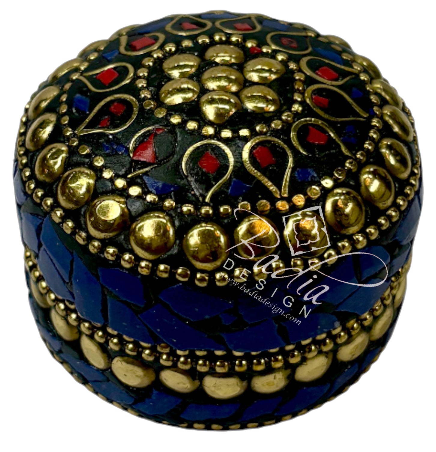 Decorative box with intricate gold, blue, and red patterns on a white background