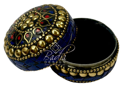 Round Decorative Container in Deep Blue and Gold