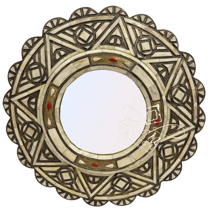 Handcrafted Moroccan Circular Mirror with Intricate Metal and Bone Detail