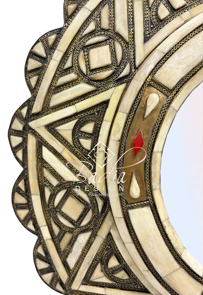Handcrafted Circular Mirror with Intricate Metal and Bone Detail
