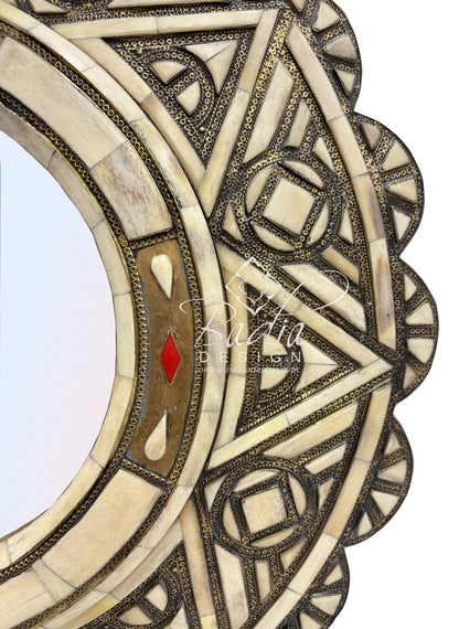 Handcrafted Circular Mirror with Intricate Metal and Bone Detail