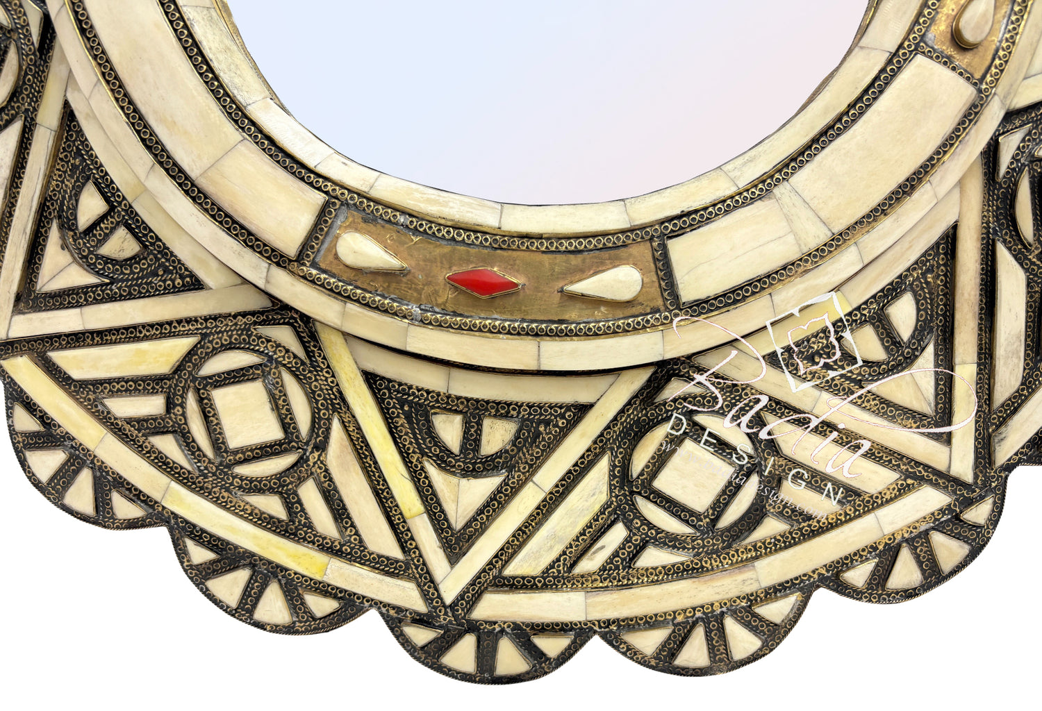 Handcrafted Circular Mirror with Intricate Metal and Bone Detail