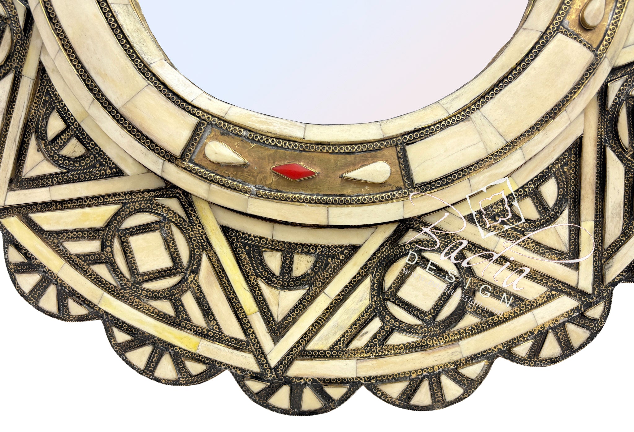 Handcrafted Circular Mirror with Intricate Metal and Bone Detail