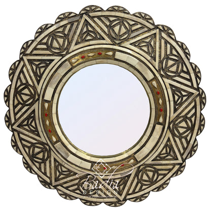 Round Moroccan Wall Mirror with Metal and Bone Frame