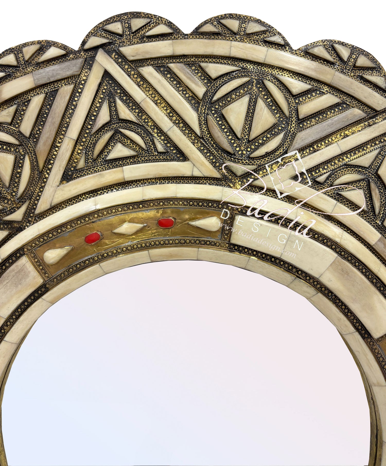 Round Wall Mirror with Metal and Bone Frame
