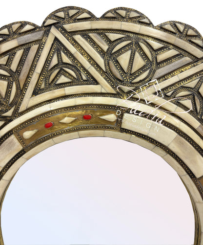 Round Wall Mirror with Metal and Bone Frame