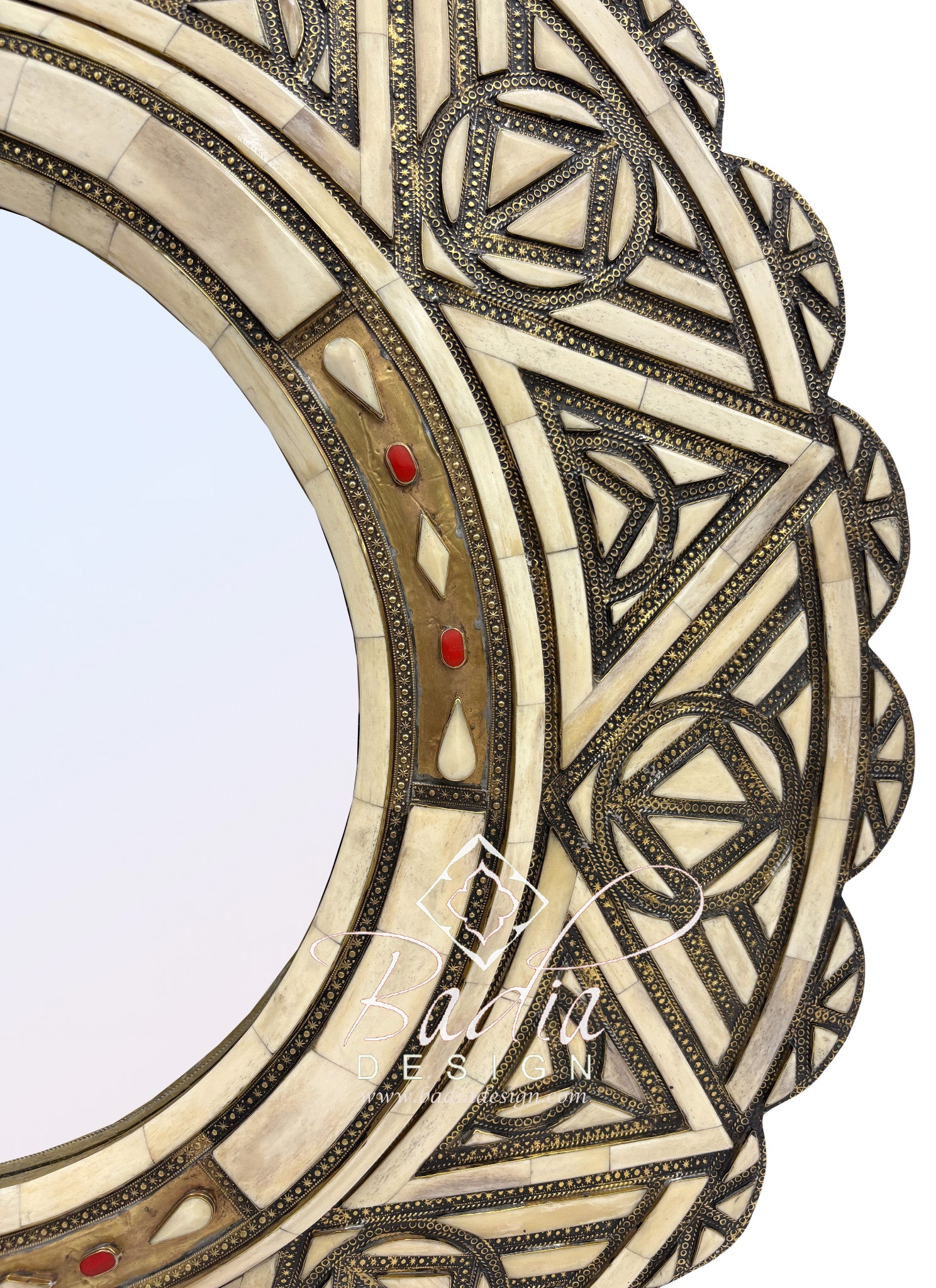 Round Wall Mirror with Metal and Bone Frame