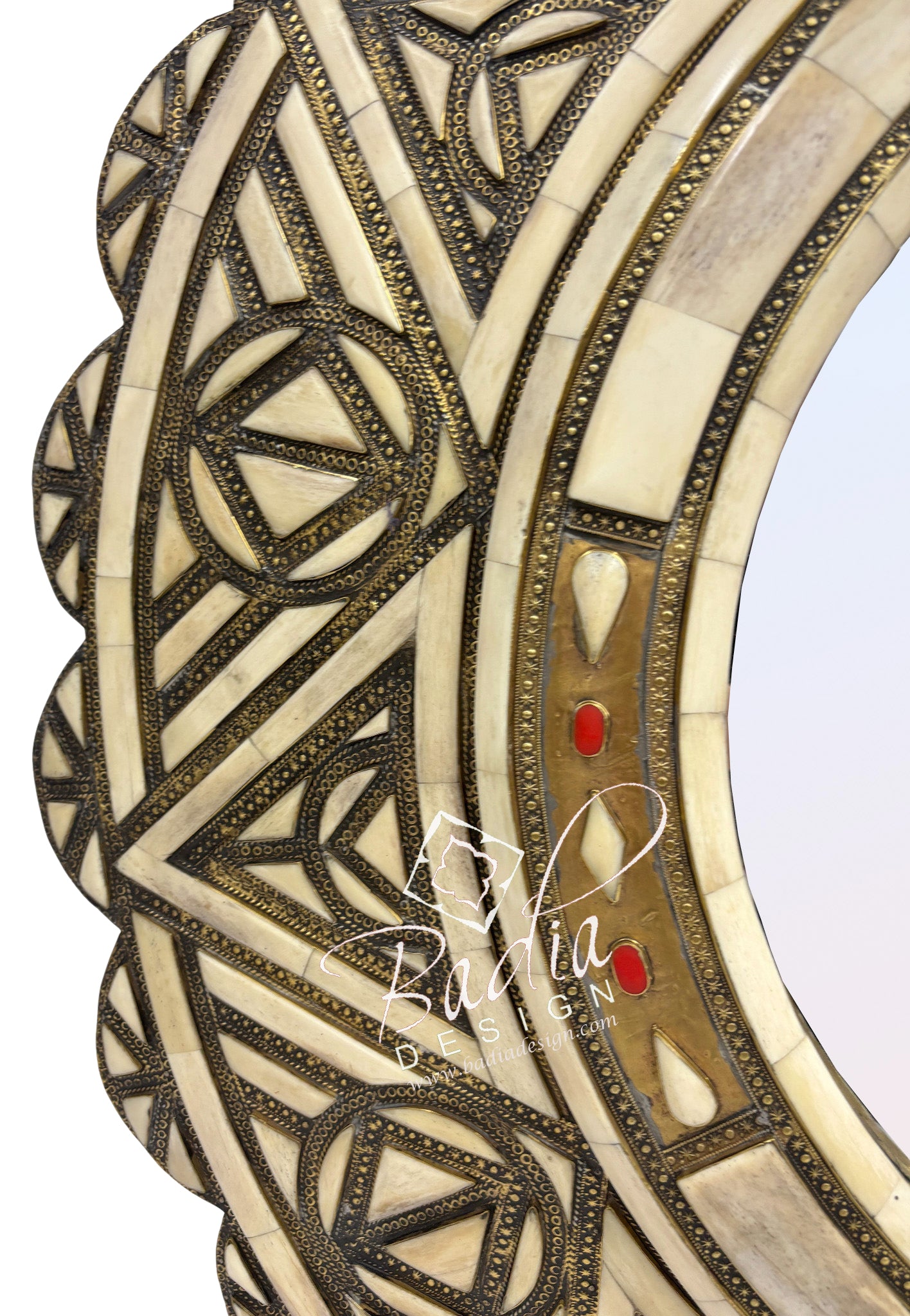 Round Wall Mirror with Metal and Bone Frame