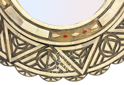 Round Wall Mirror with Metal and Bone Frame