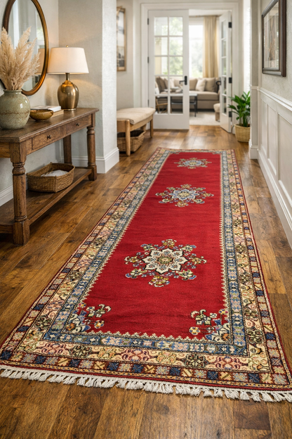 Red Moroccan Runner Rug with Multicolor Floral Medallions