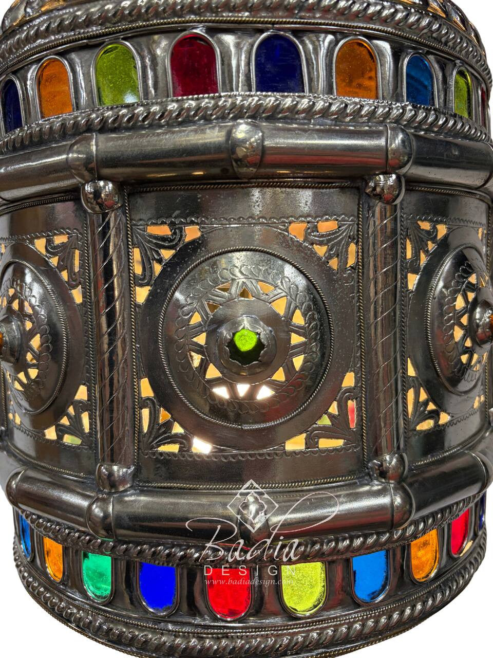 Intricately Designed Silver Chandelier with Multi-Color Glass Eyelets