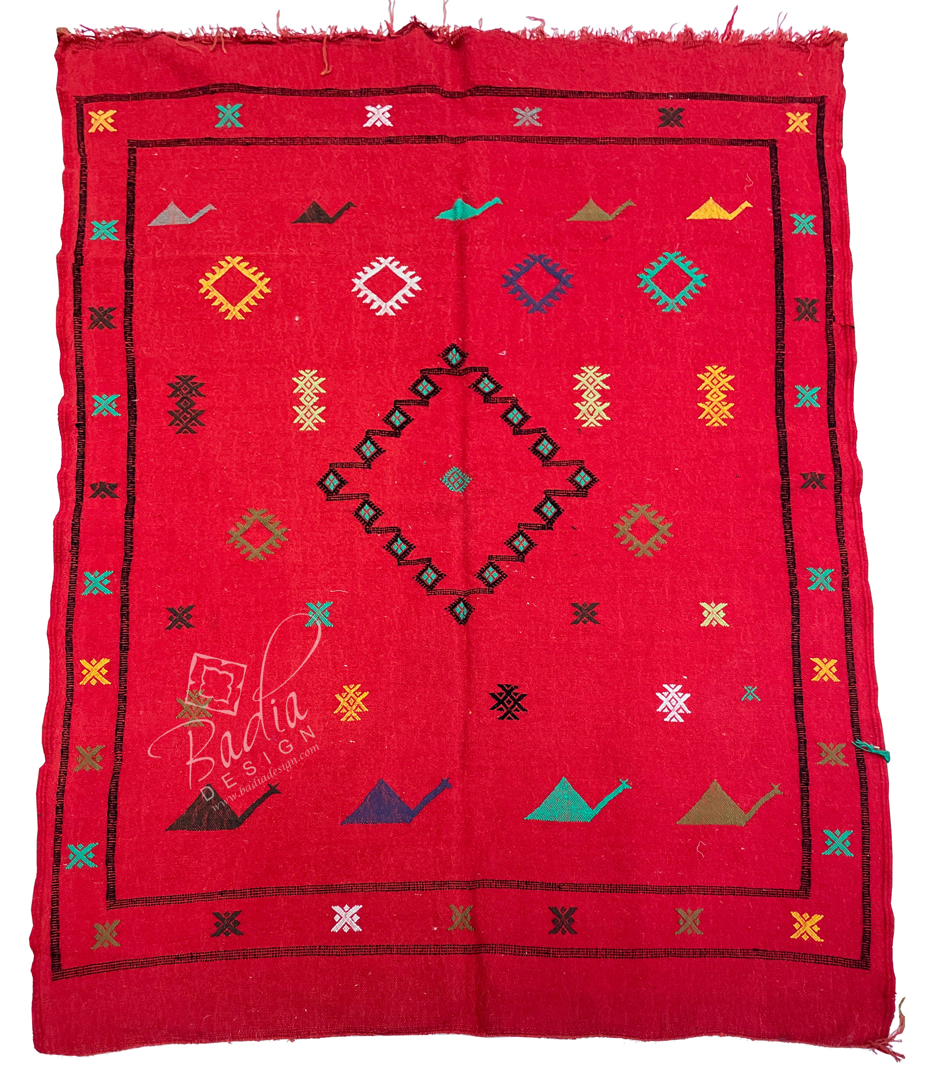 Handwoven Bright Red Moroccan Kilim Rug with Tribal Designs