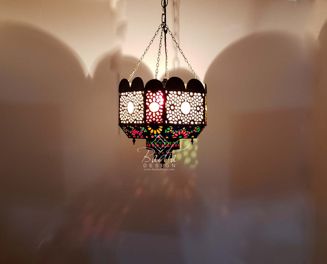 Small Vintage Brass Chandelier with Multi Color Glass