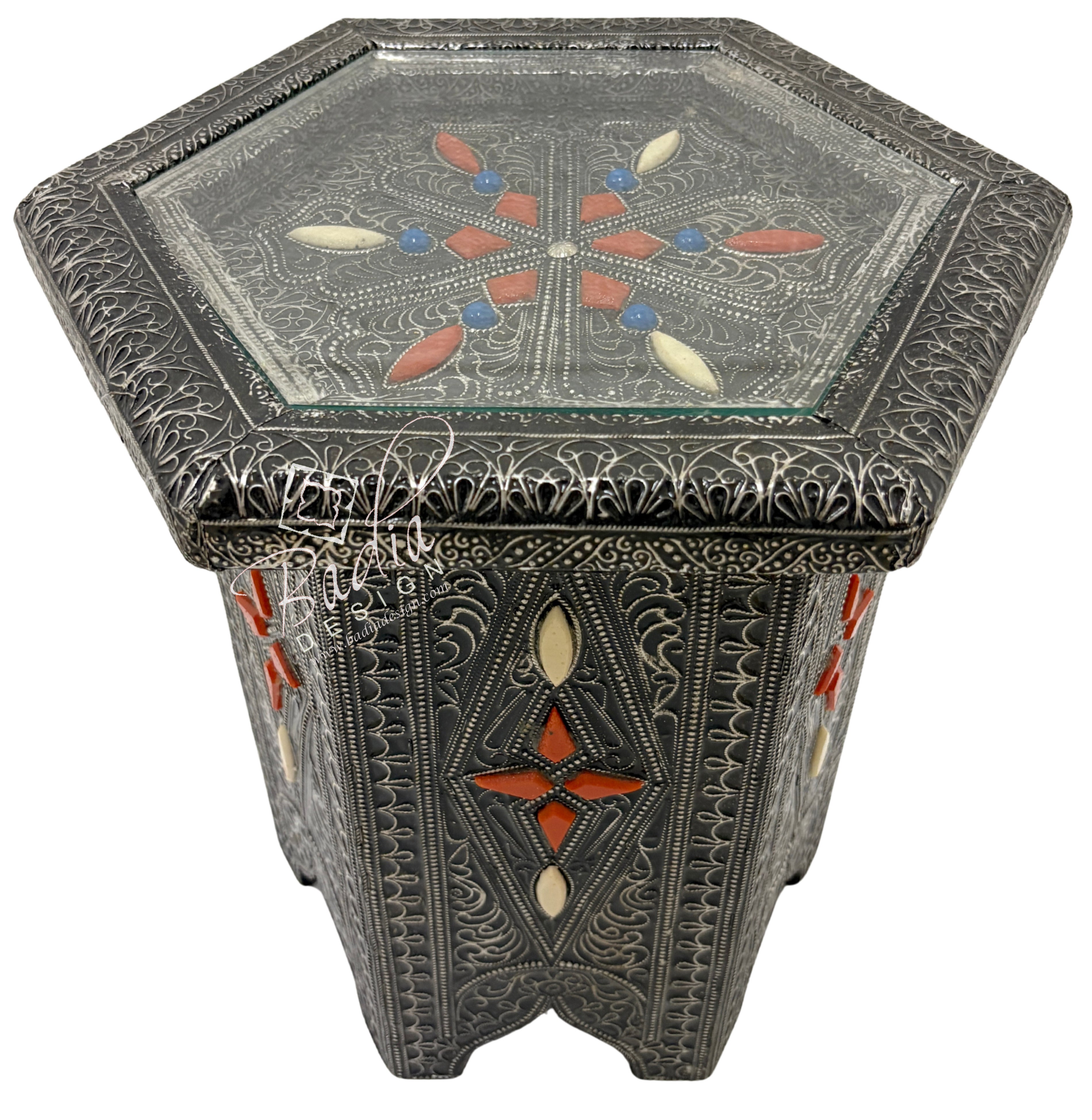 Small Octagon Shaped Metal and Bone Side Table with Glass Top