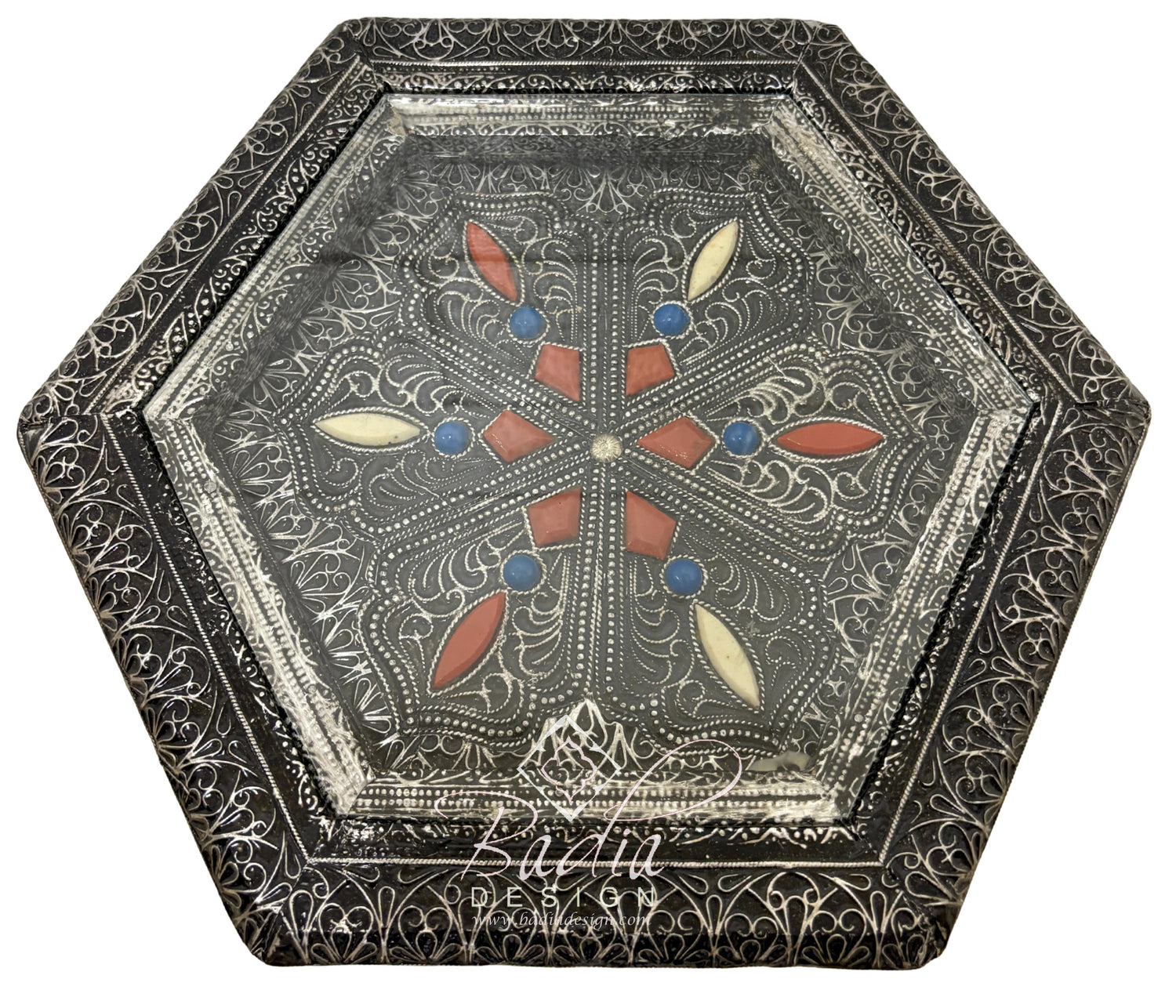 Small Octagon Shaped Metal and Bone Side Table with Glass Top