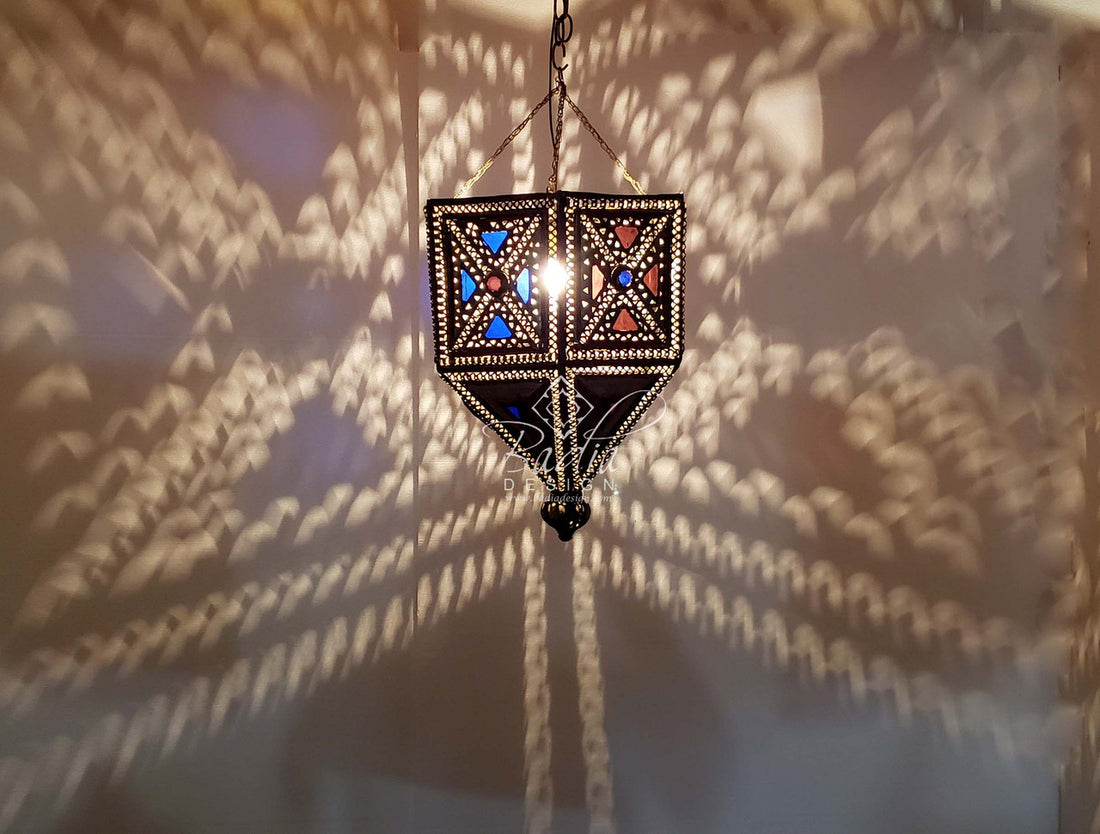 Vintage Silver and Bronze Chandelier with Multi Color Glass