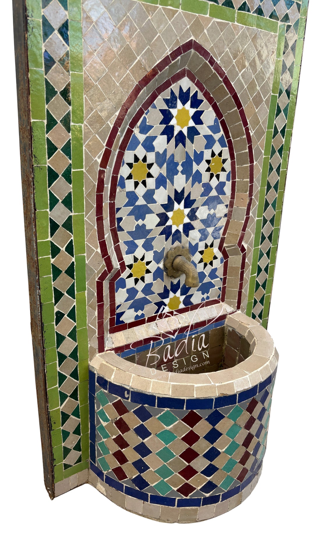 Decorative mosaic fountain with geometric patterns and colorful tiles.