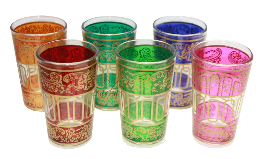 Gold Motif Moroccan Multi Color Tea Glass Set - Pack of 6