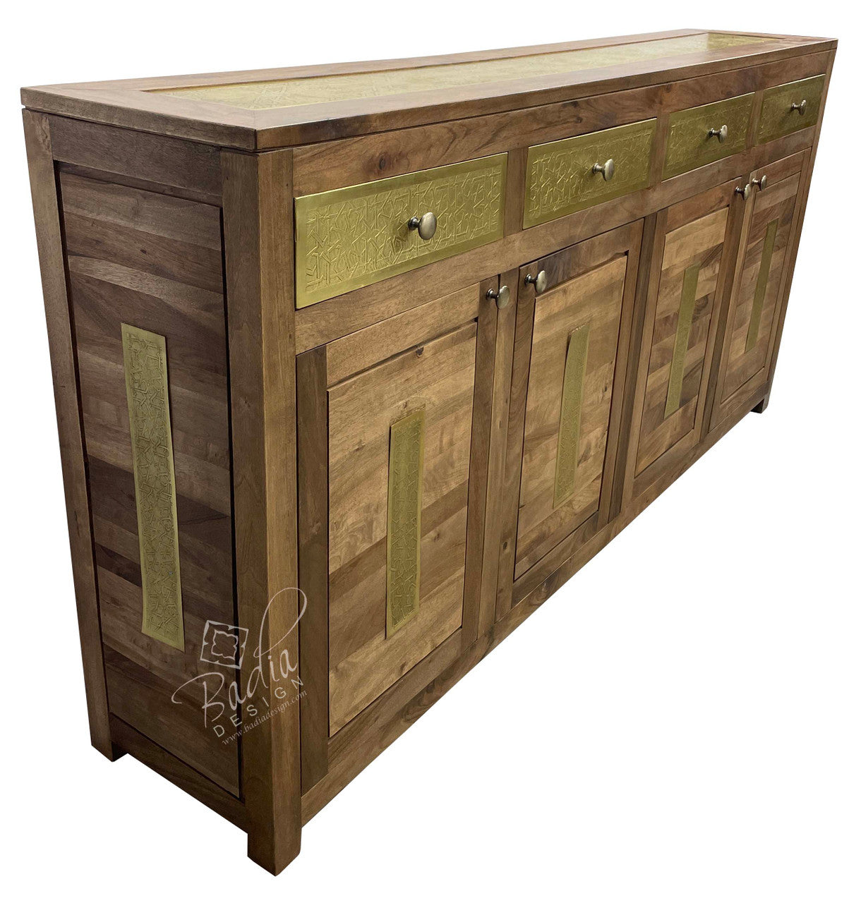 Dark Stained Carved Cedar Wood Cabinet with Embossed Brass Inlay