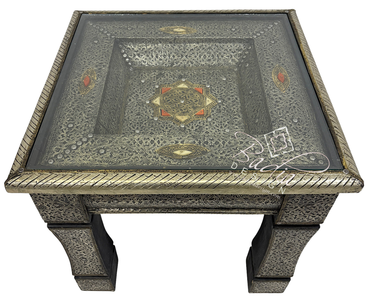 Handcrafted Moroccan Embossed Brass Square Coffee Table