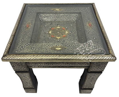Handcrafted Moroccan Embossed Brass Square Coffee Table