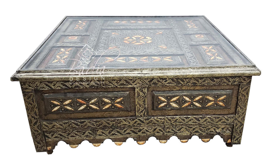 Square Metal and Bone Table with Glass Top