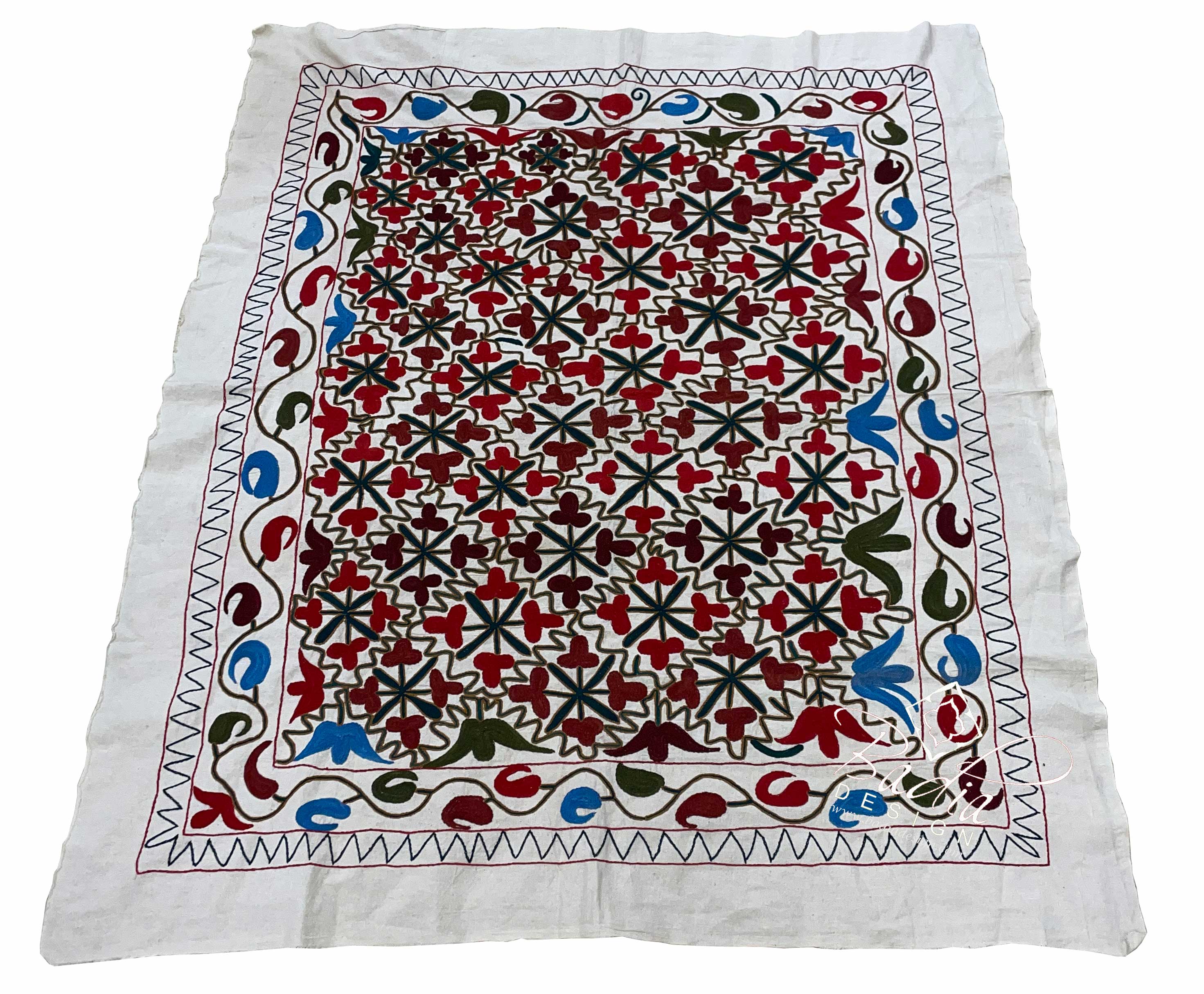 55" W x 65" H - Suzani Multi-Color Fabric Quilt  - SUZQLT034