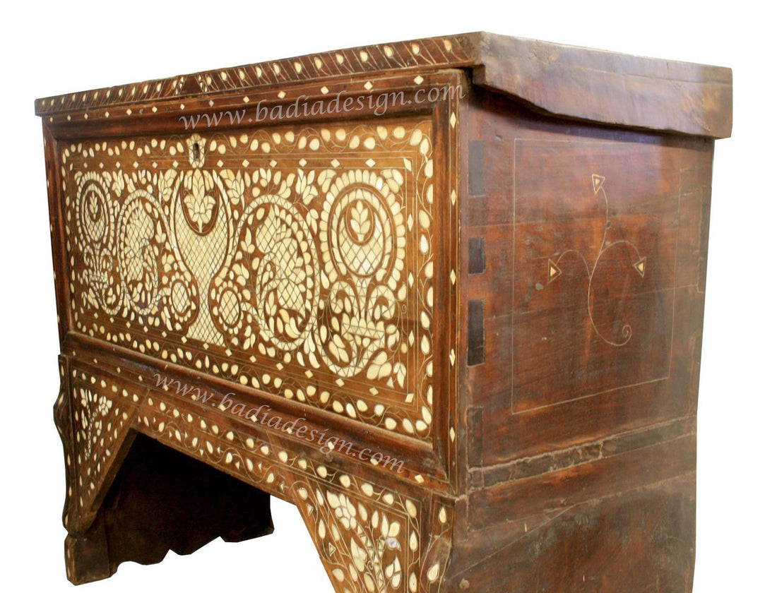 Moroccan Hand Carved Bone Inlay Cedar Wood Trunk