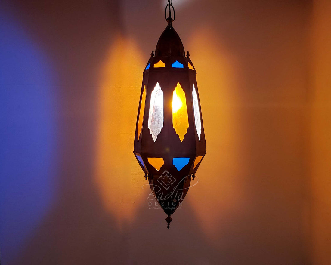 Tall Brass Chandelier with Multi Color Glass