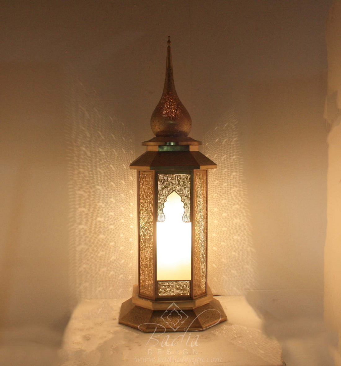 Tall Brass Floor Lantern with Frosted White Glass