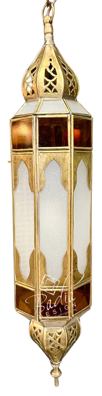 Tall Brass Lantern with Amber Color Glass