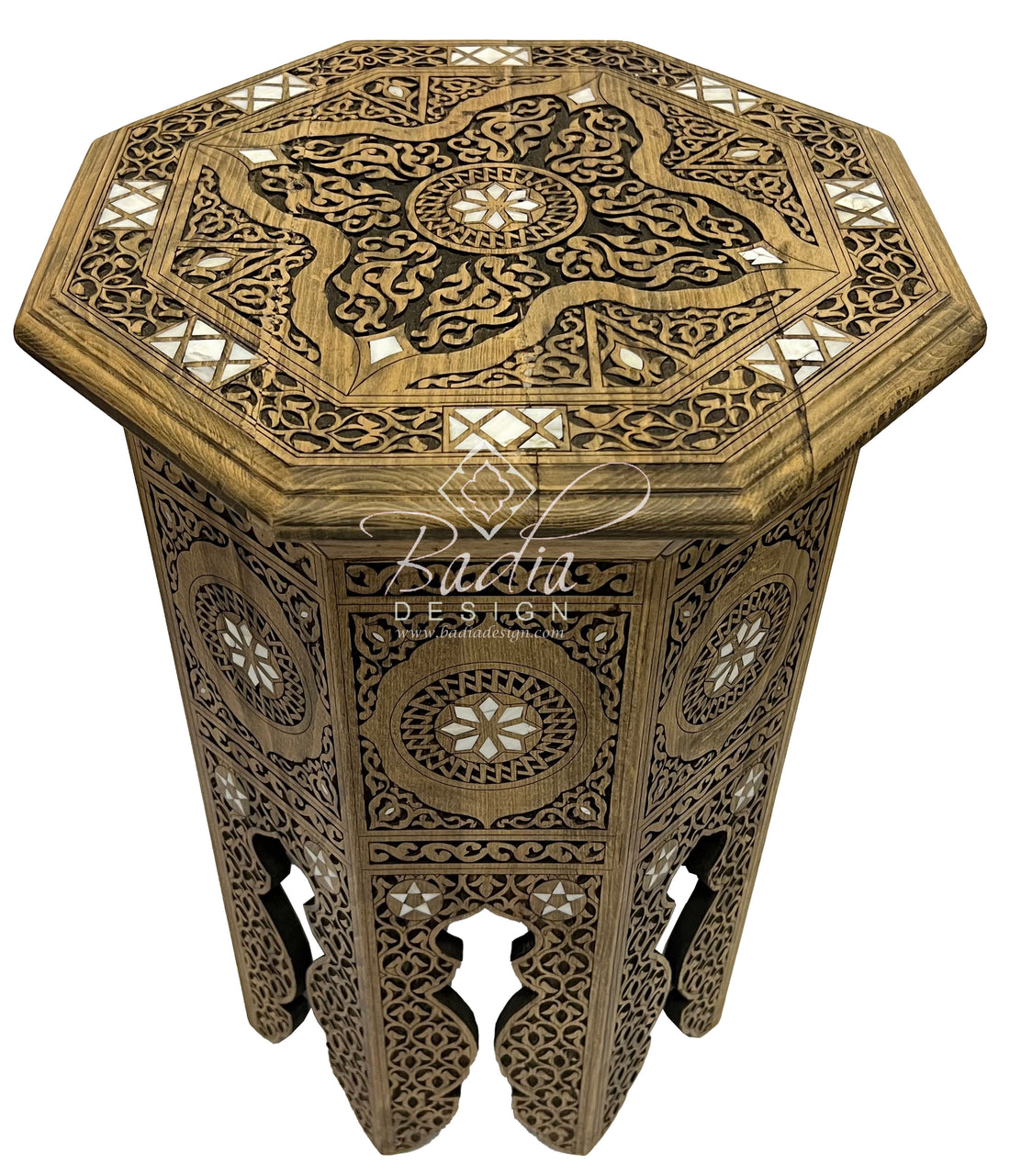 Tall Moroccan Hand Carved Side Table with Mother of Pearl Inlay