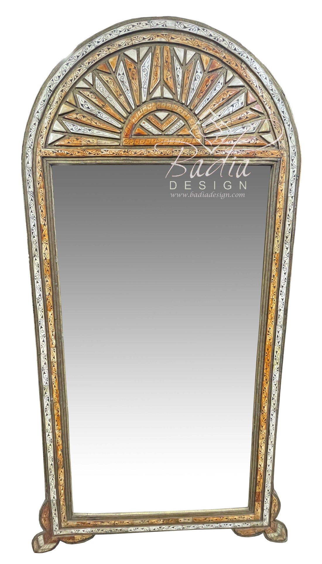 Tall Arch Embossed Metal and Bone Inlay Mirror