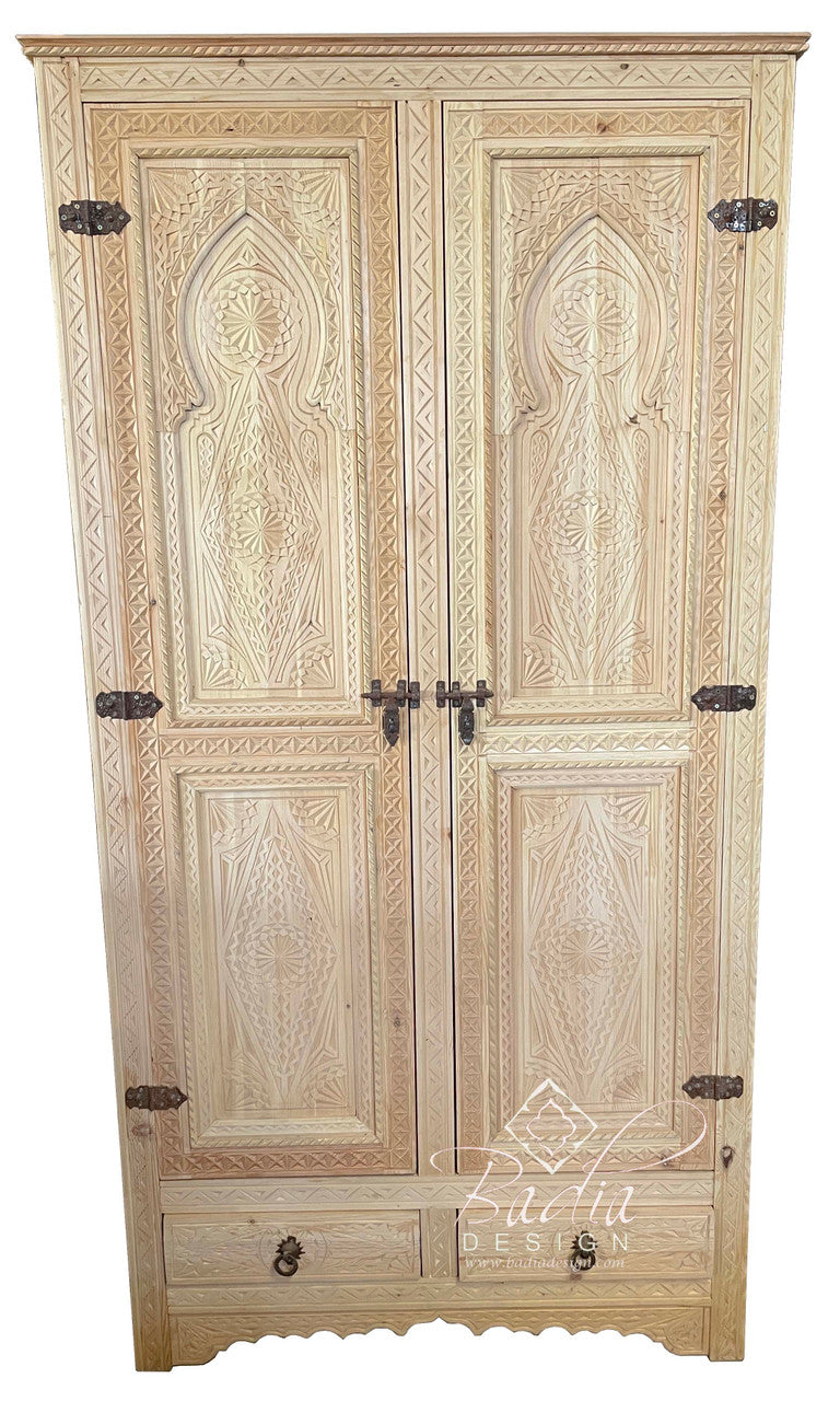 Unstained Hand Carved Wooden Cabinet