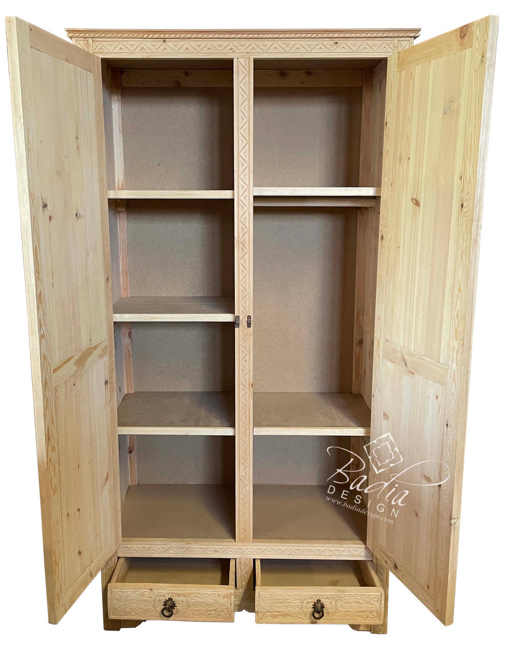 Unstained Hand Carved Wooden Cabinet