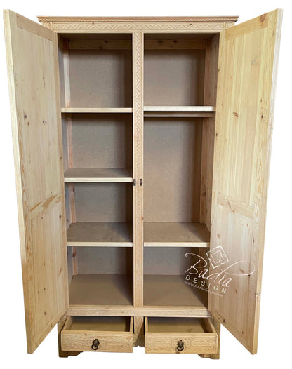 Unstained Hand Carved Wooden Cabinet