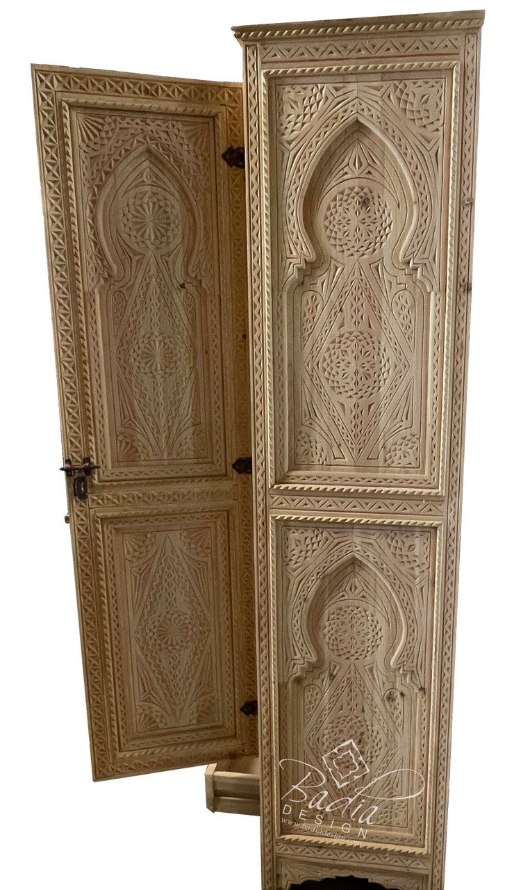 Unstained Hand Carved Wooden Cabinet