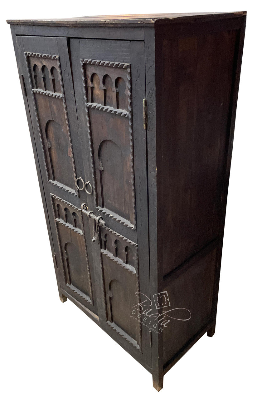 Tall Dark Stained Vintage Carved Wood Cabinet