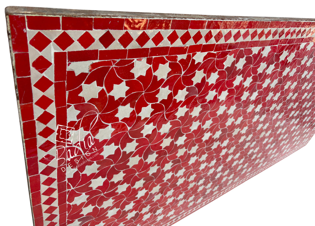 40"W x 80"L Red and White Intricate Rectangular Tile Table Top