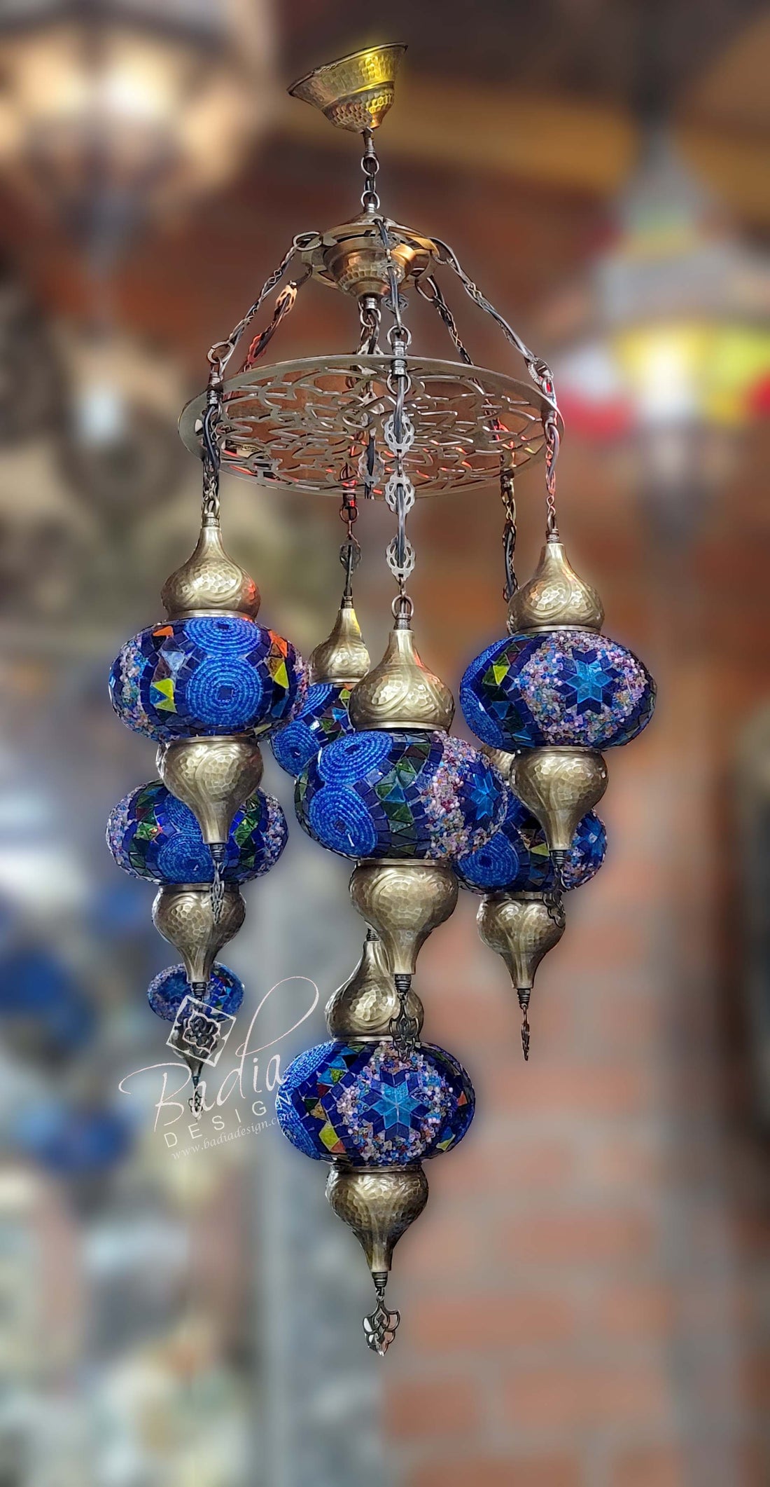 Turkish Moroccan Chandelier with Blue Mosaic Glass