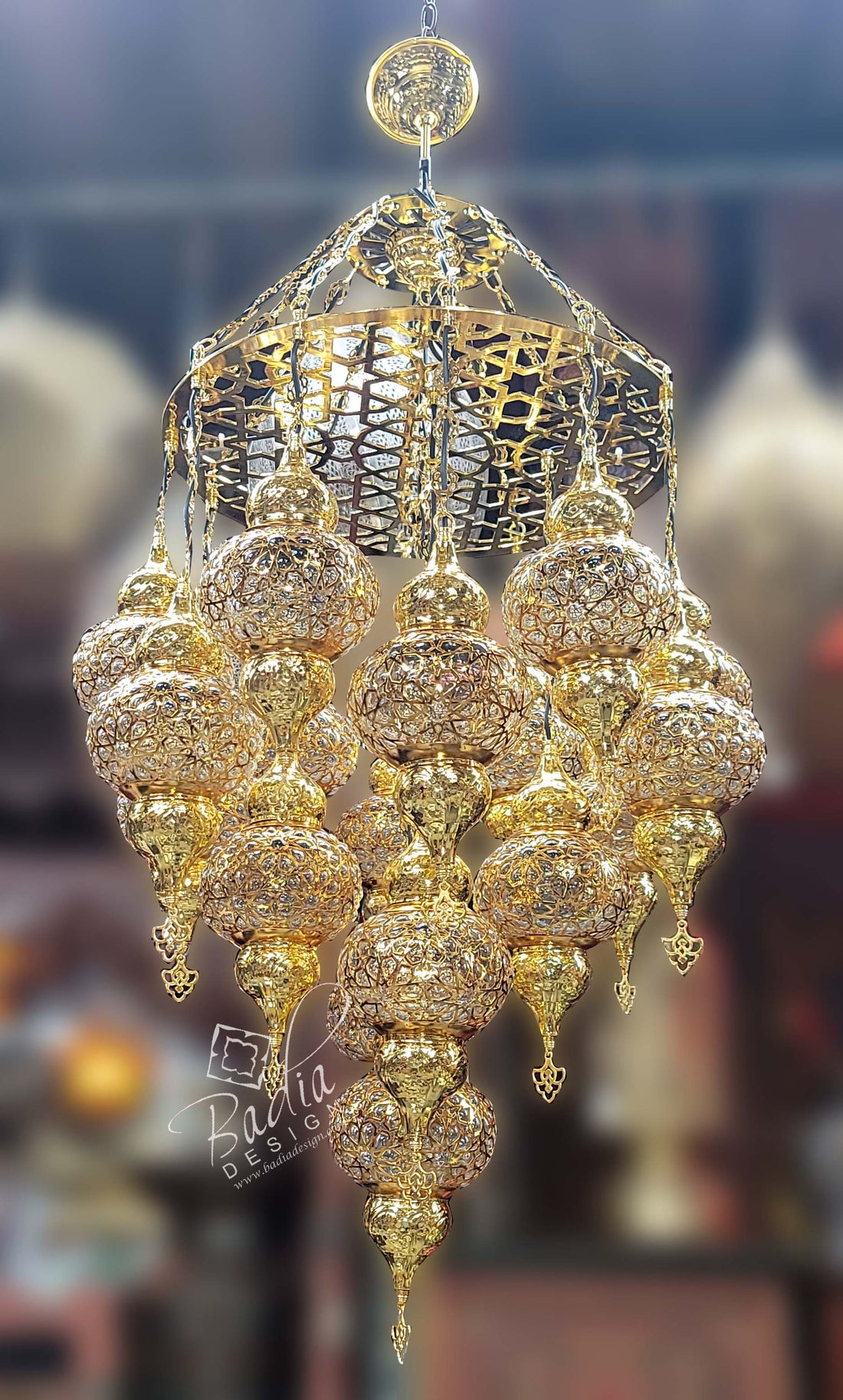 Turkish Chandelier with Clear Glass and Brass Canopies
