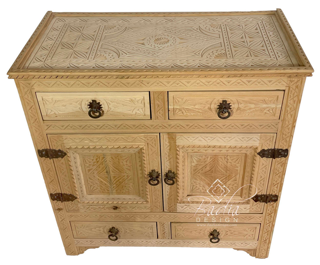 Unstained Hand Carved Wooden Cabinet