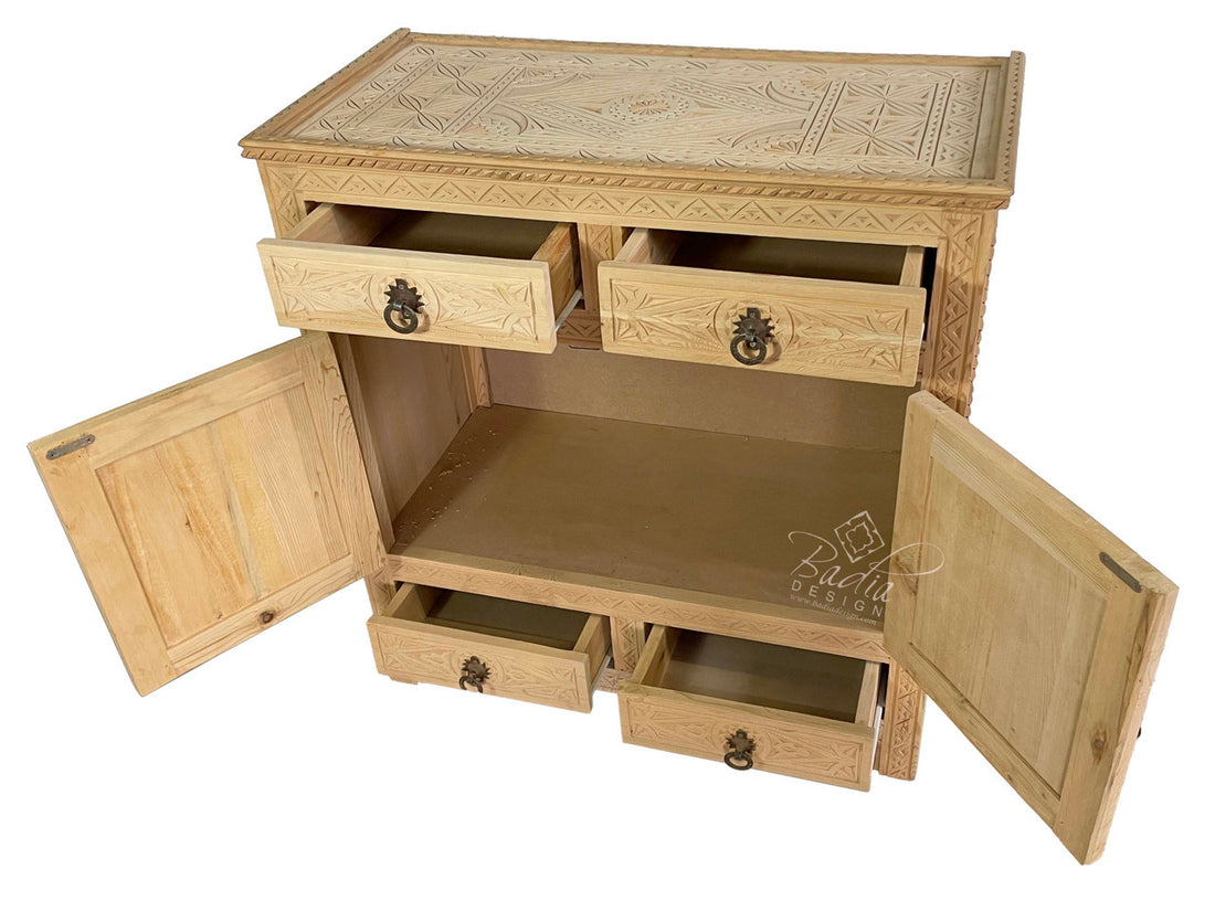Unstained Hand Carved Wooden Cabinet